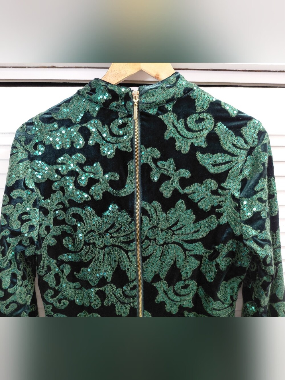 VENUS Emerald Green Velvet Floral Sequin Long Sleeve Mini Dress - Picture 8 of 11